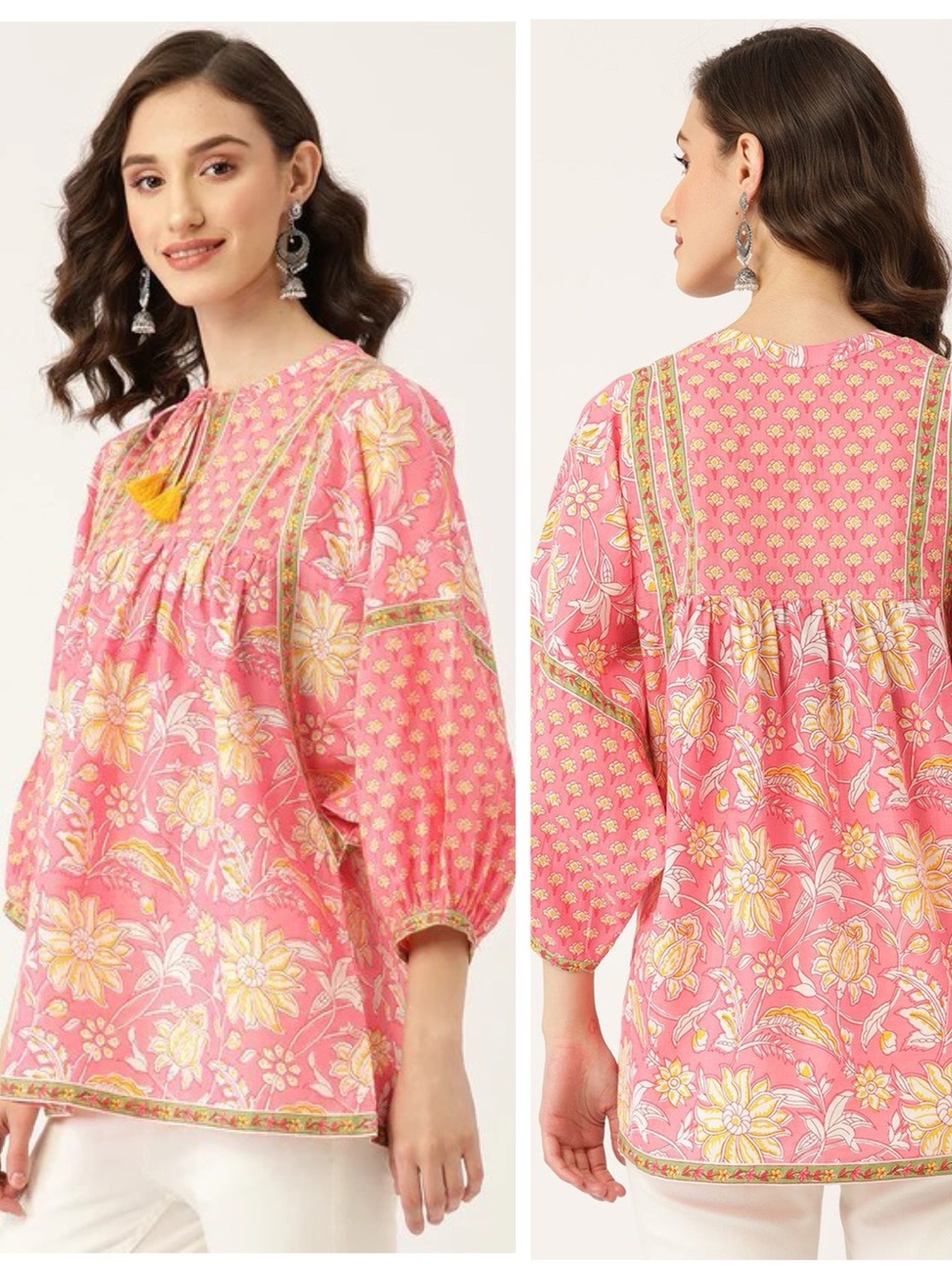 ES by Eswari bohemian cotton peasant top with batwing sleeve, babydoll style, L